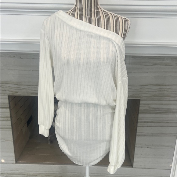 White Ribbed Off-Shoulder Dress - Picture 1 of 6